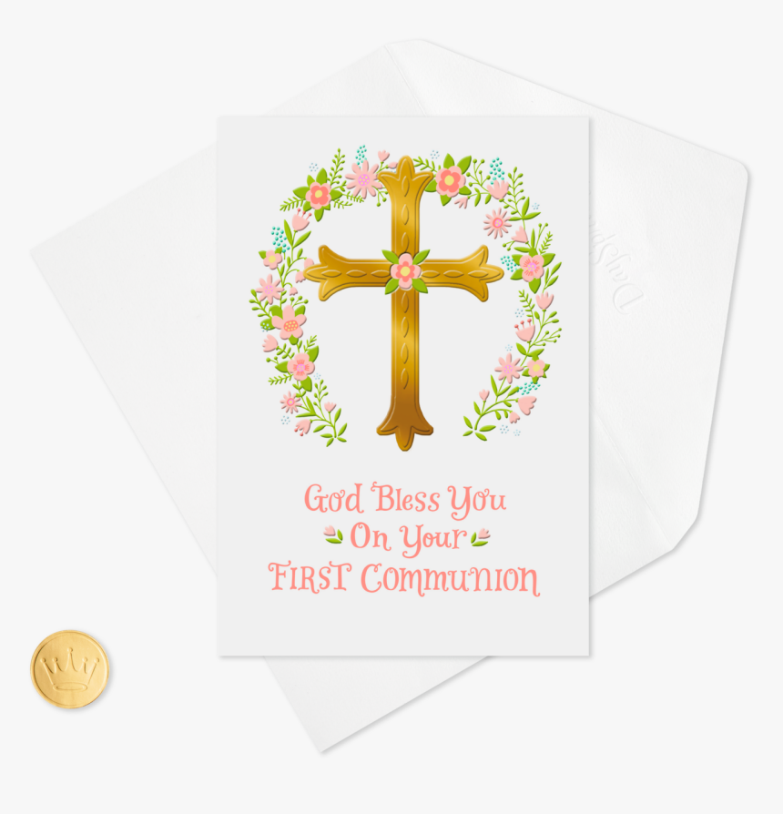 Gold Cross And Pink Flower Wreath First Communion Card - Gold Cross With Flowers, HD Png Download