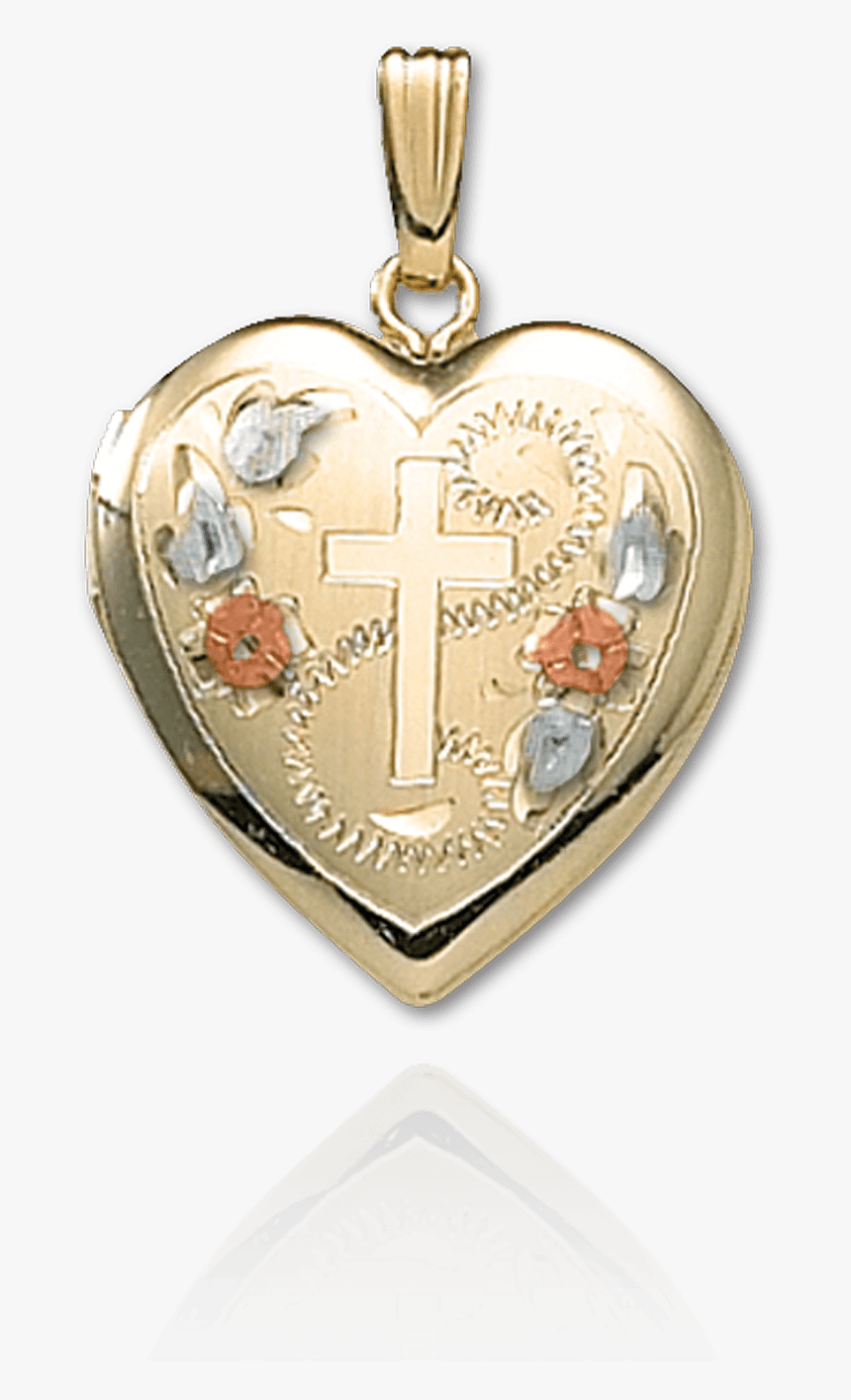 Heart Locket Engraved With Cross And Flower Design - Locket, HD Png Download