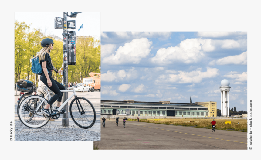 Mianzi Rei On Her Bike And A Picture Of The Tempelhofer - Hybrid Bicycle, HD Png Download