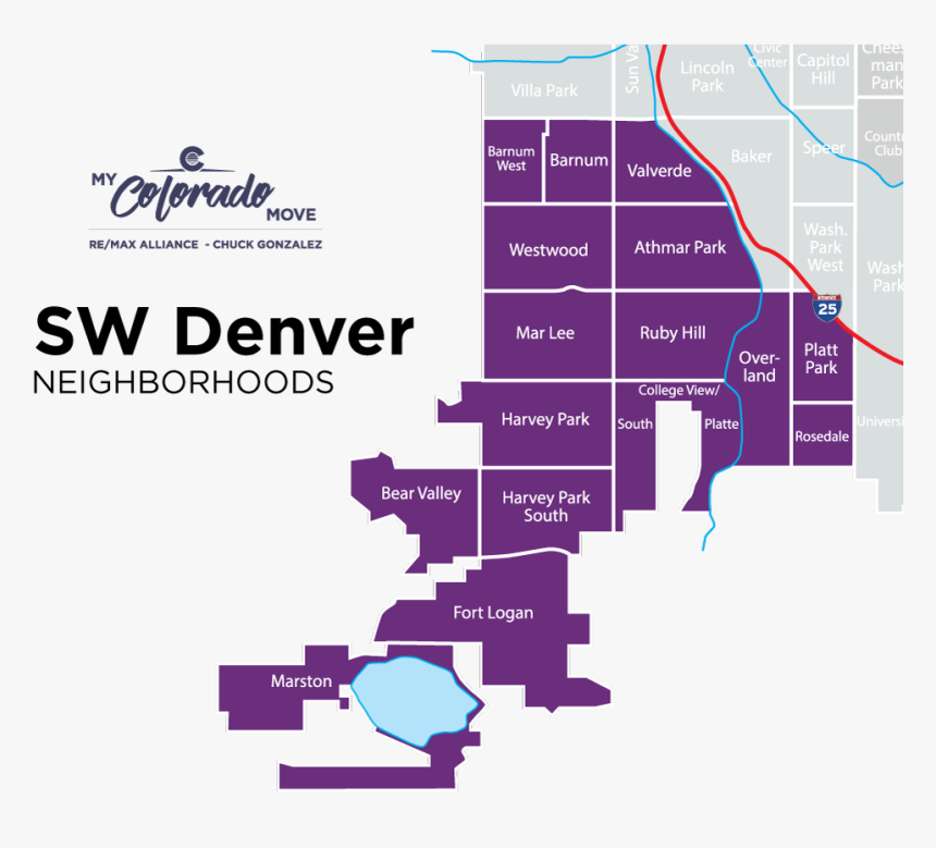 Southwest Denver Neighborhood Map - Denver Neighborhood Map, HD Png Download