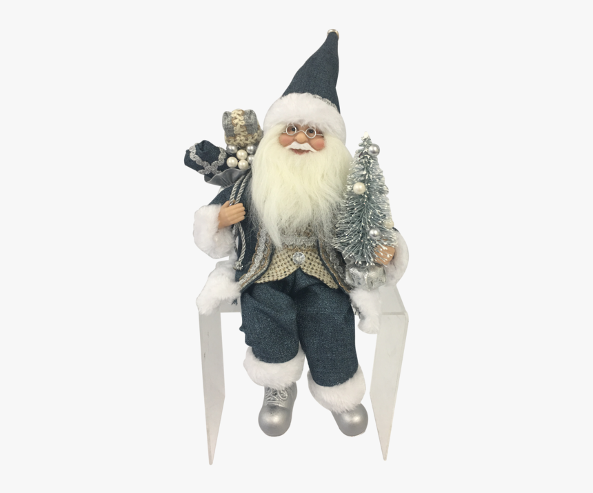 30cm Sitting Santa In Blue Beige, HD Png Download